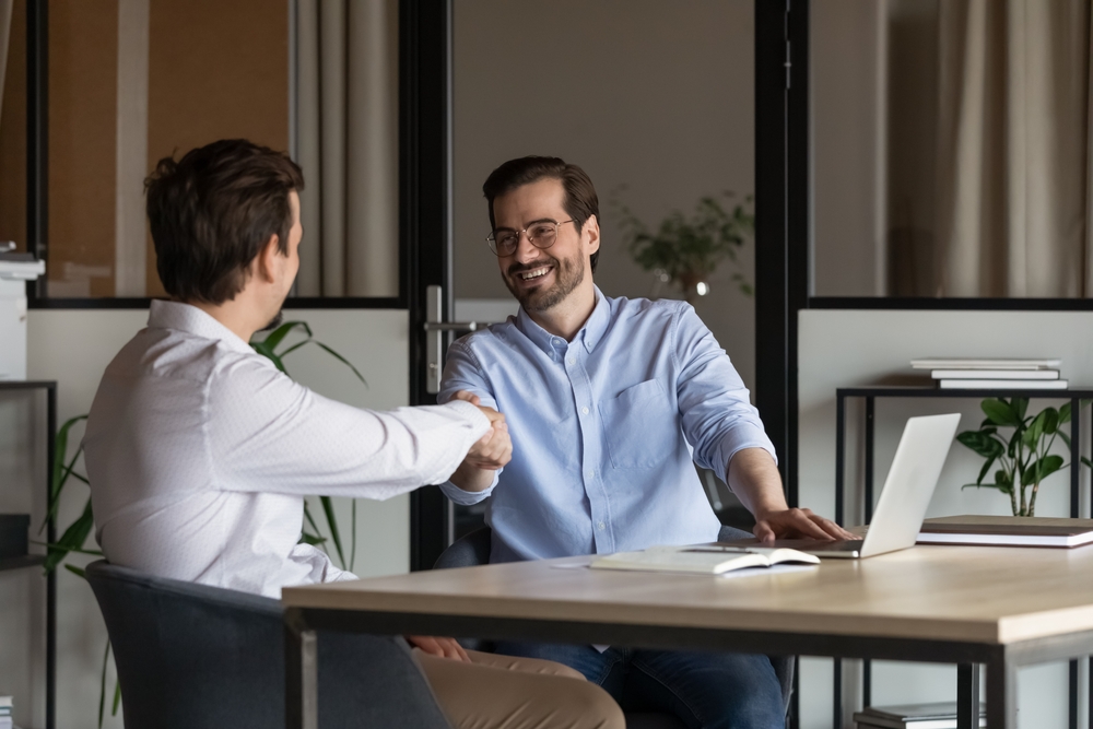 Employer,,Boss,Hiring,Candidate,After,Successful,Job,Interview.,Happy,Customer